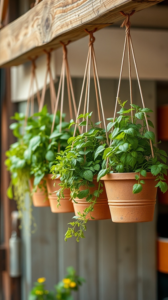 Hanging herb planters with multiple pots filled with fresh herbs
