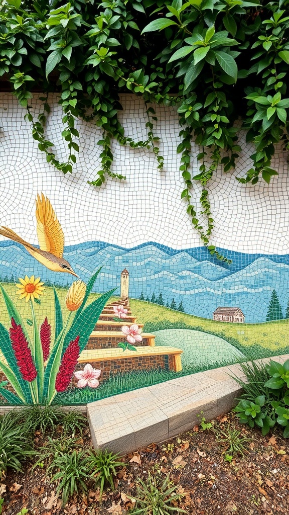 A colorful garden mosaic depicting flowers, a bird, and a landscape.