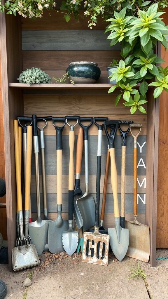 A personalized garden tool storage shelf with various gardening tools and plants.