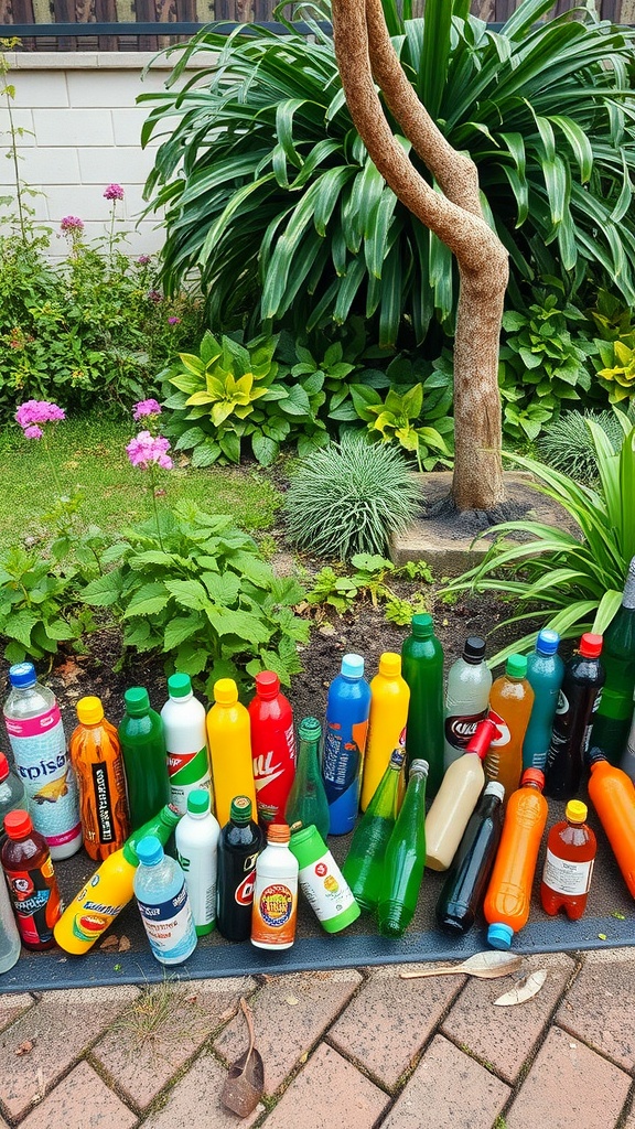 Colorful recycled bottles used as a garden border.