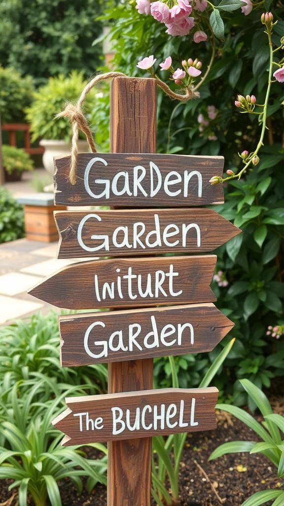 Rustic wooden garden signage with directional arrows