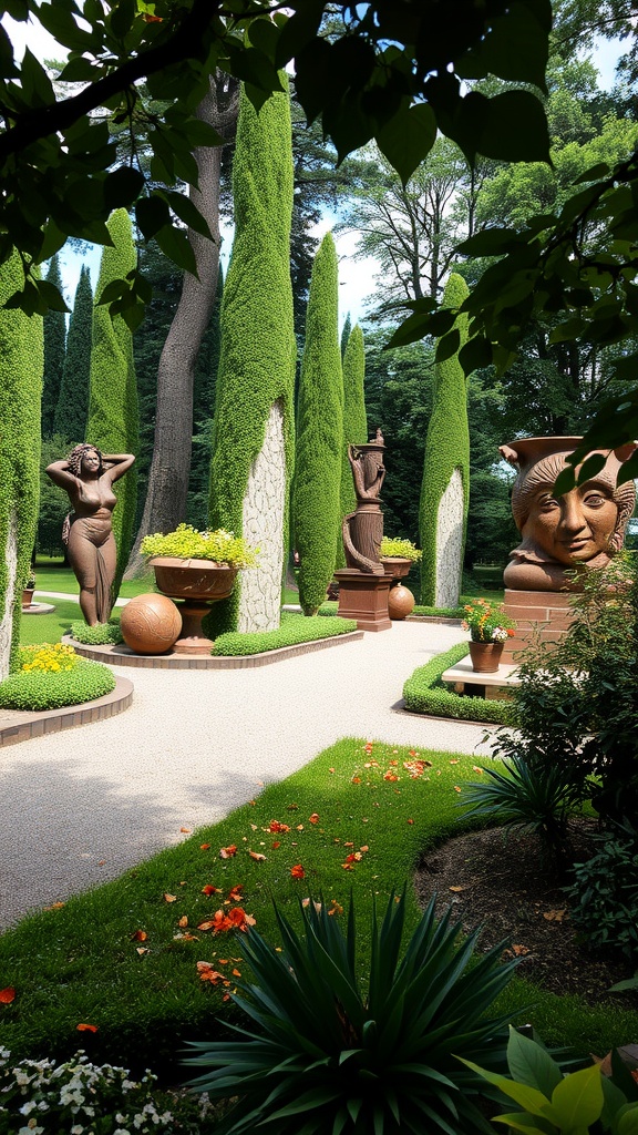 A garden featuring tall manicured trees and various sculptures among vibrant greenery.