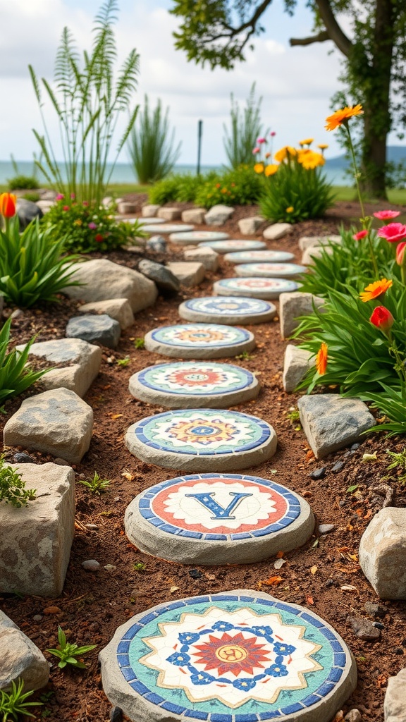 Colorful mosaic stepping stones in a garden pathway surrounded by flowers and greenery.