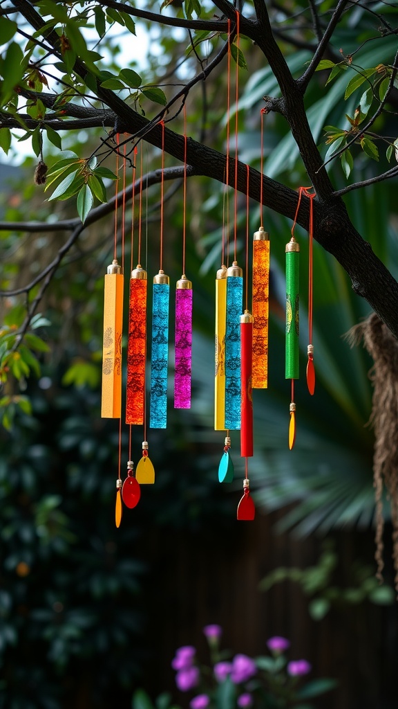 Colorful wind chimes hanging from a tree branch in a garden