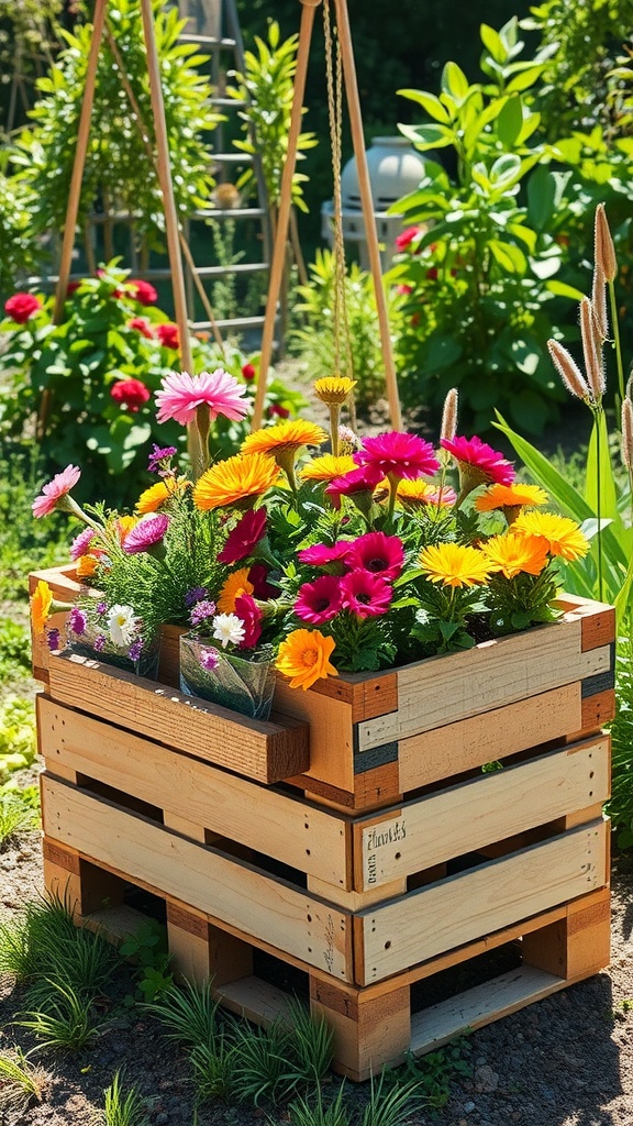 Upcycled wooden pallet planter filled with colorful flowers in a garden