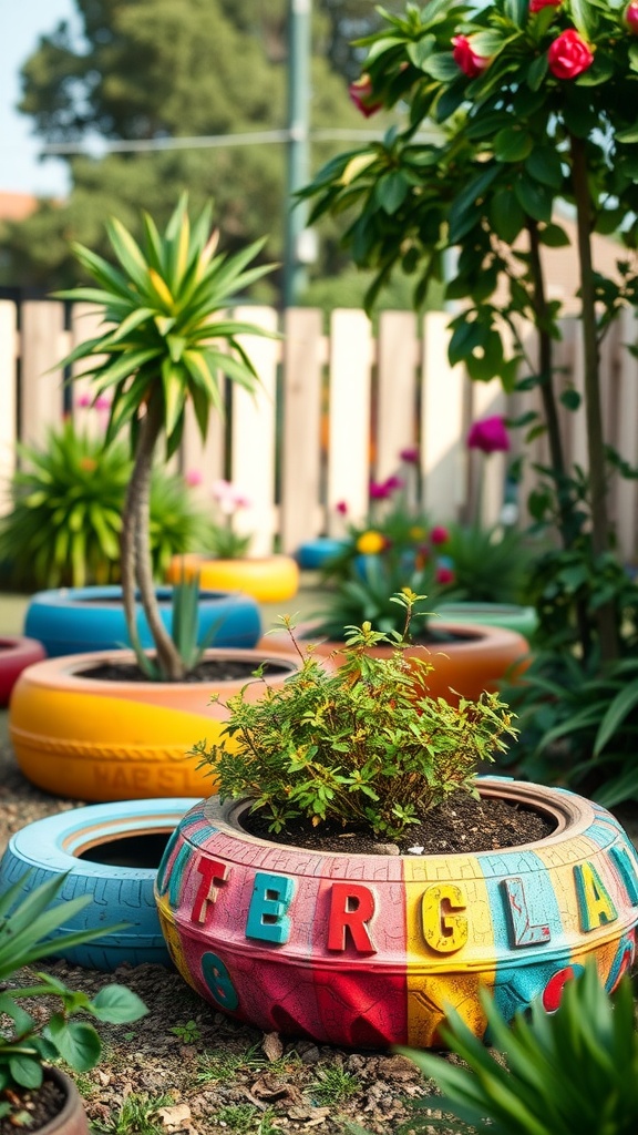 Colorful upcycled tire planters filled with plants in a garden setting.