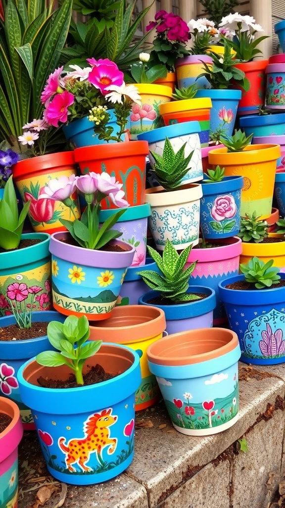 A vibrant display of painted flower pots filled with various plants and flowers.