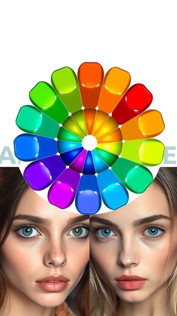 A vibrant color wheel above two faces with different eye colors, showcasing various contact lens options.