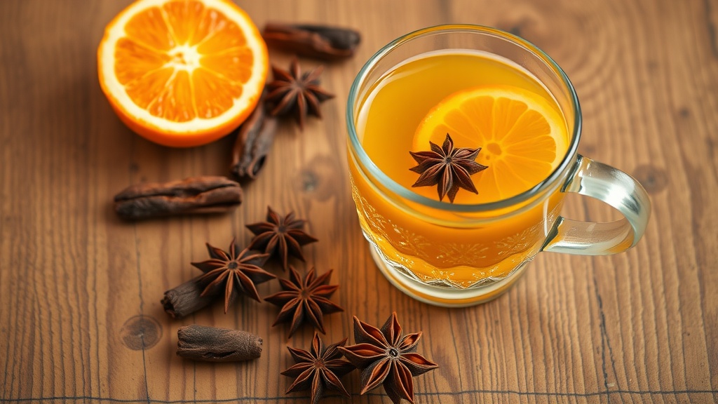 A glass of anise and citrus herbal tea garnished with orange and star anise, surrounded by spices.