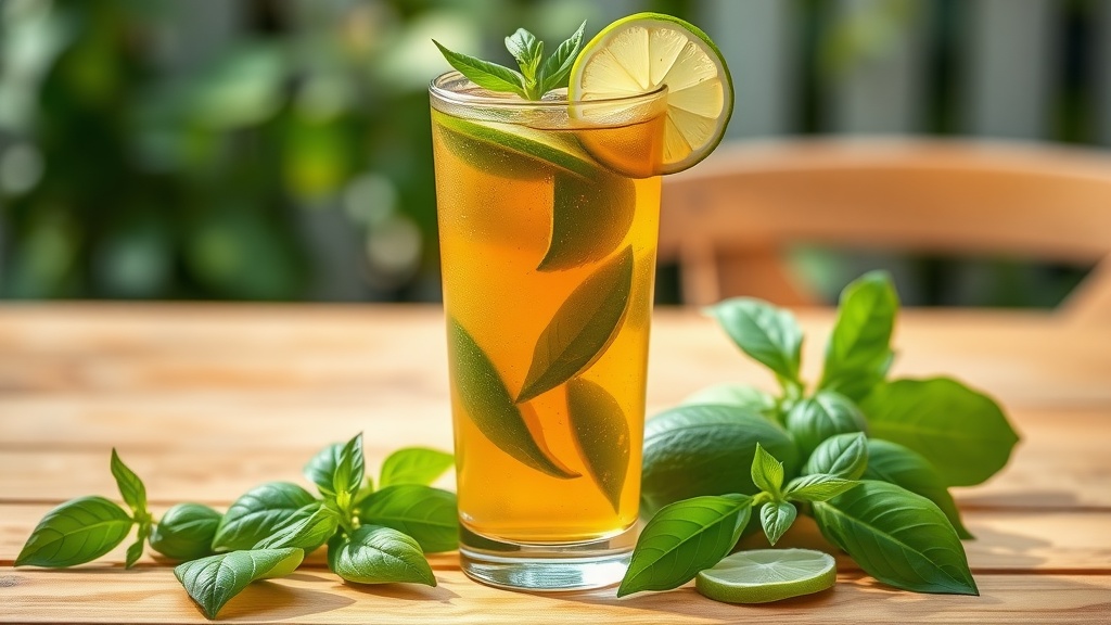 A refreshing drink made with basil and lime served in a tall glass.