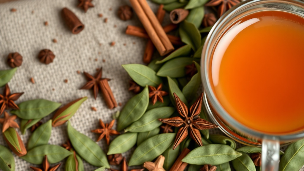 A warm cup of chai spiced herbal tea surrounded by cinnamon sticks and star anise.
