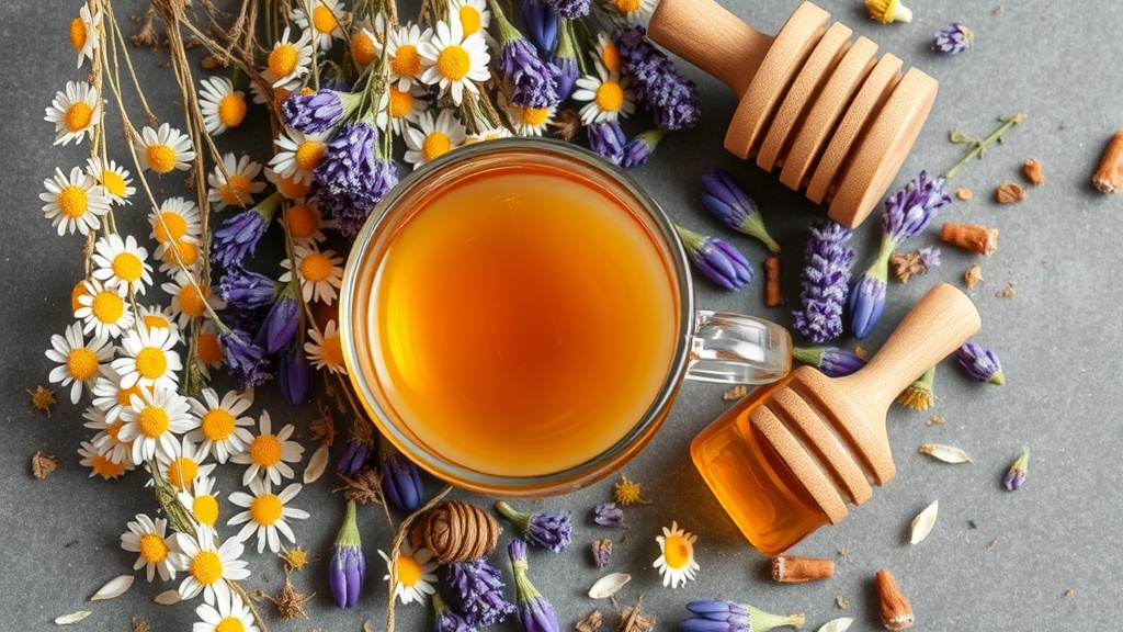 A cup of chamomile and lavender tea surrounded by dried herbs and honey