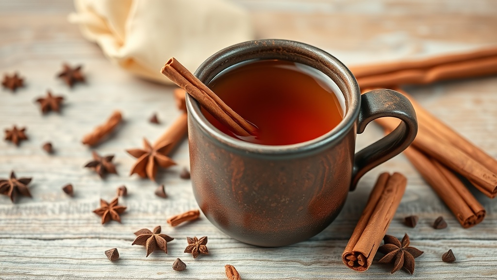 A cozy cup of cinnamon and clove spice tea with spices around it