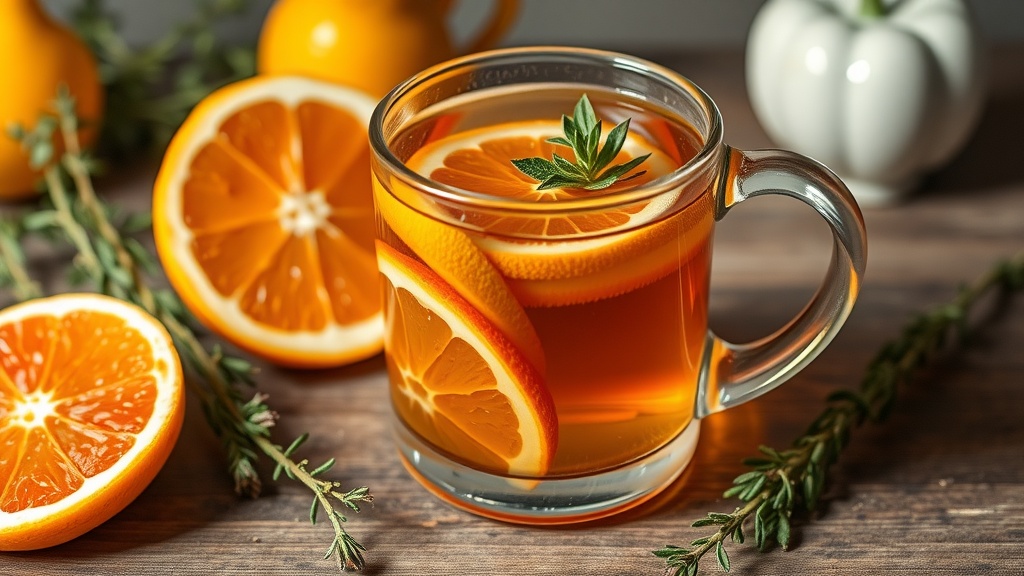 A glass of citrus thyme tea with orange slices and fresh thyme sprigs.