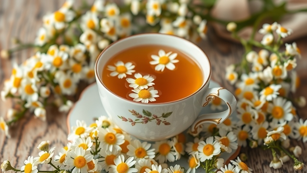 A cup of tea with elderflowers and chamomile flowers surrounding it.