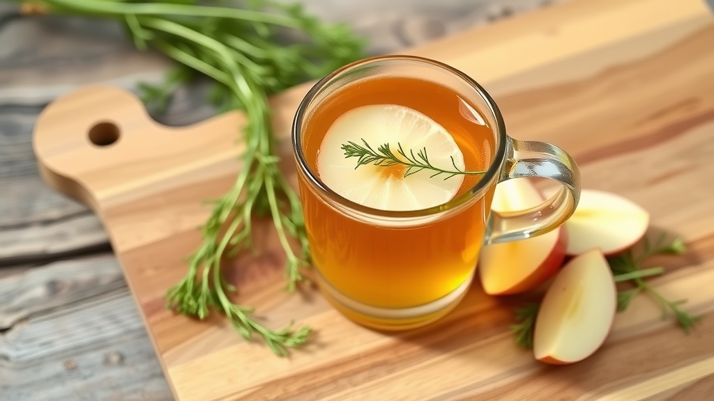 A warm cup of fennel seed and apple herbal tea with fresh apple slices.