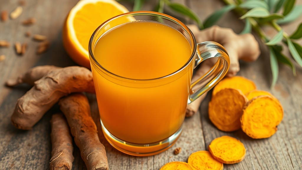 A cup of ginger turmeric tea beside fresh ginger and turmeric roots.