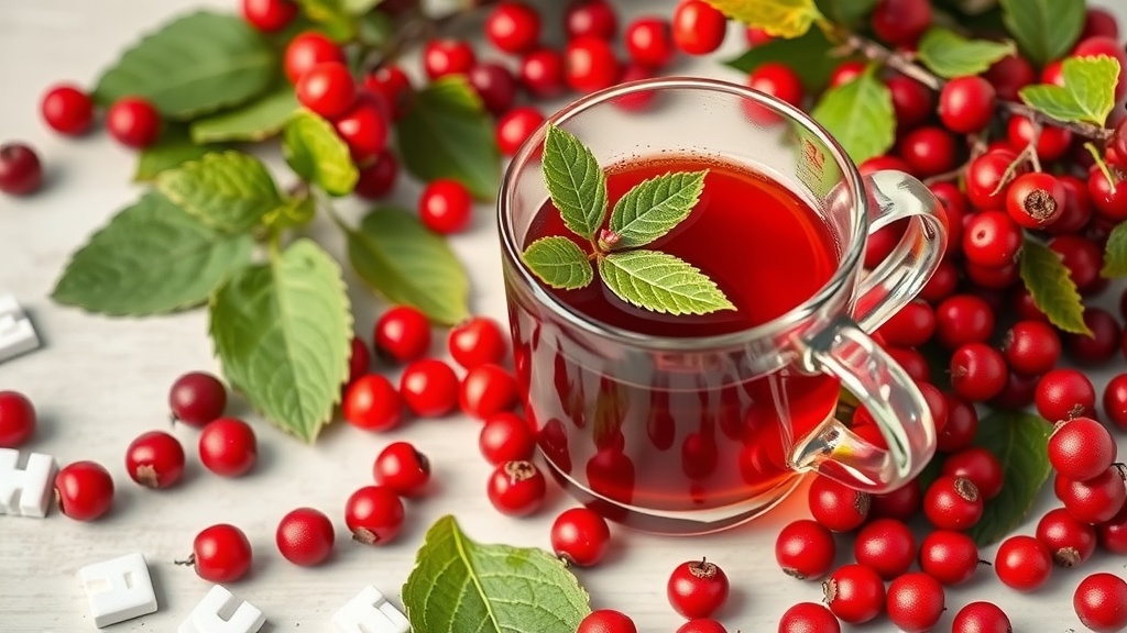 A cup of vibrant red herbal tea surrounded by hawthorn berries and green leaves.