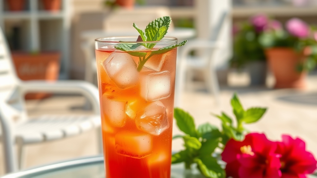 A refreshing Hibiscus and Mint Cooler drink, served in a tall glass with mint leaves and ice.