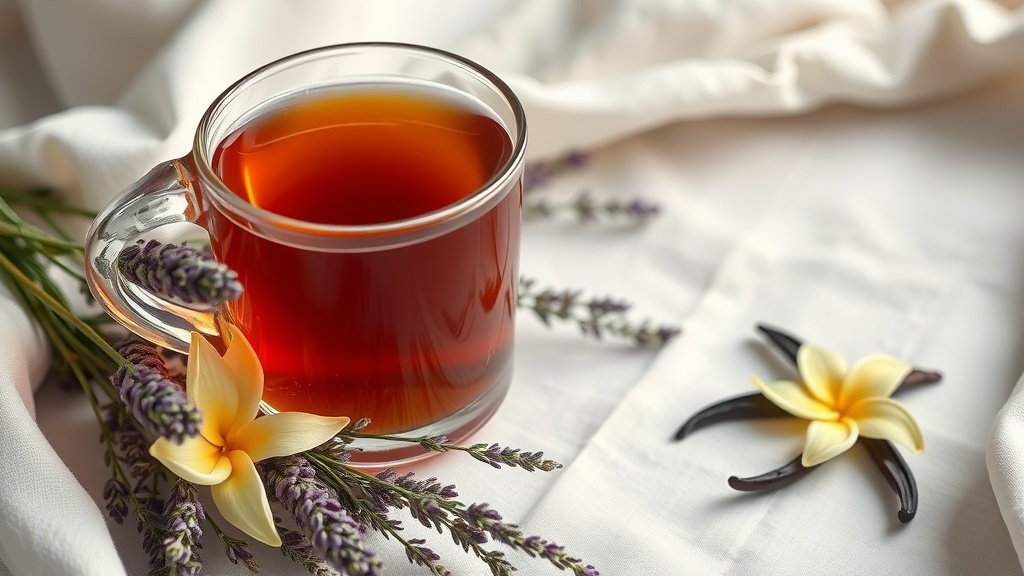 A cup of lavender and vanilla tea with lavender flowers and a vanilla pod beside it.