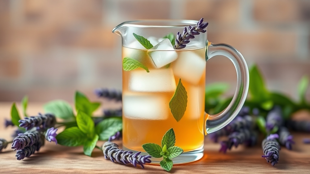 A refreshing pitcher of lavender mint iced tea with ice cubes and fresh mint leaves