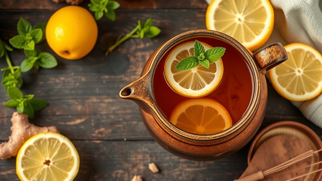 A pot of Lemon Balm and Ginger Zest tea with sliced lemons and ginger on a wooden table.