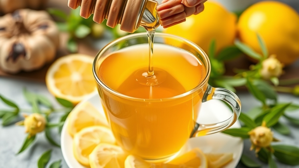 A steaming cup of lemon verbena tea with honey drizzling into it, surrounded by lemon slices and fresh herbs.