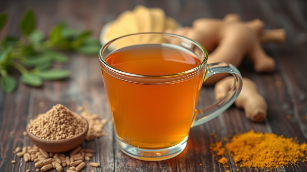 A cup of Moringa and Ginger Vitality Tea next to moringa leaves, ginger root, and spices.