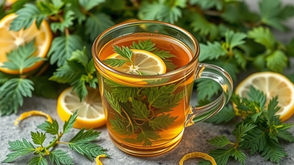 A cup of nettle leaf and lemon tea surrounded by fresh nettle leaves and lemon slices.