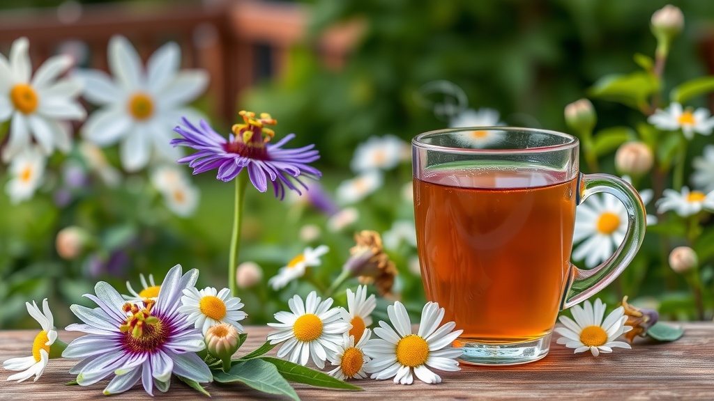 A glass of herbal tea surrounded by flowers, depicting a calming drink.