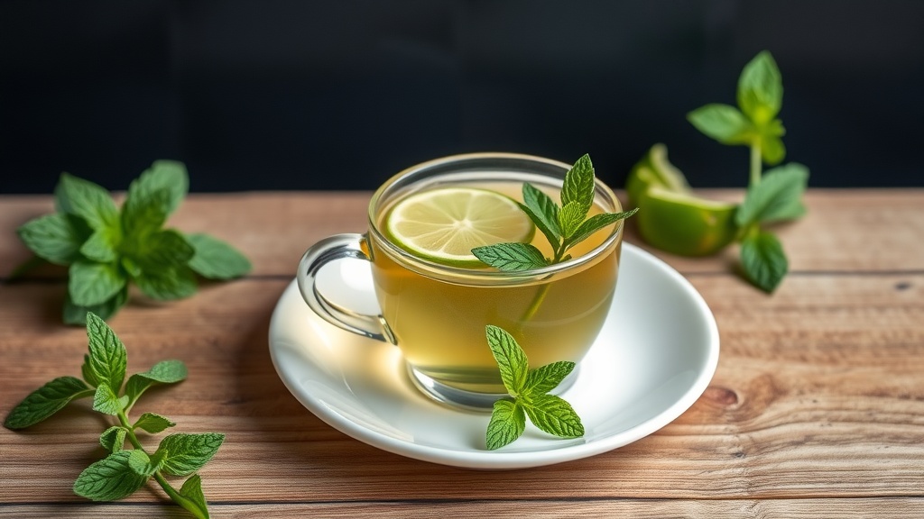 A glass of peppermint green tea with a slice of lemon and fresh mint leaves.