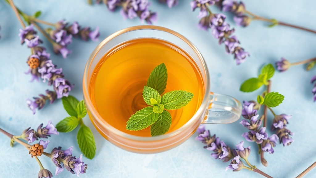 A cup of herbal tea with peppermint leaves and lavender flowers around it
