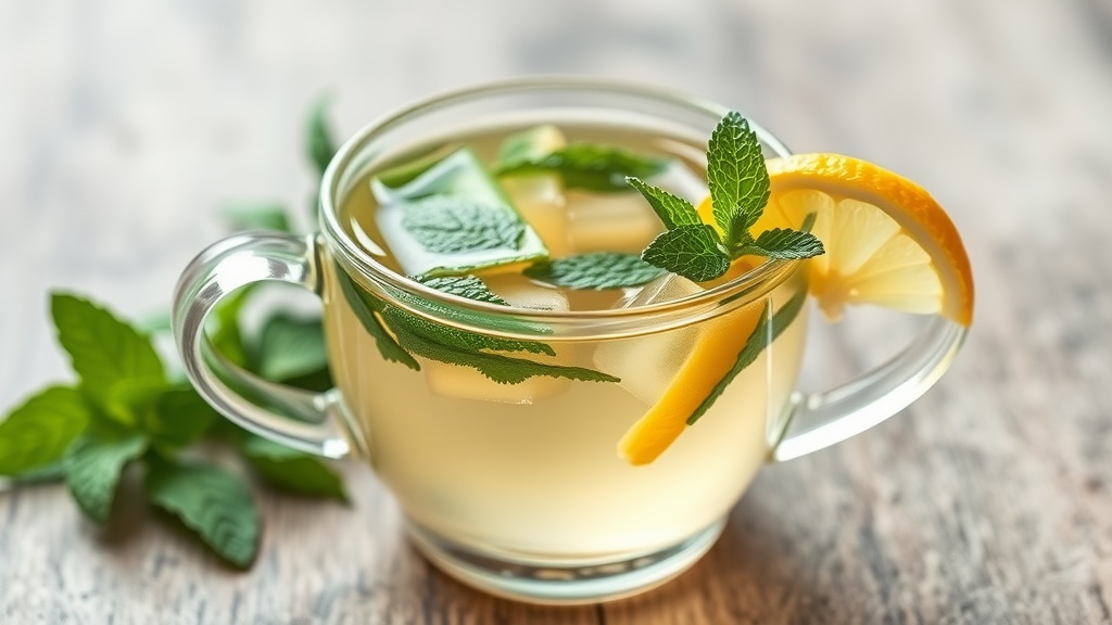 Refreshing mint herbal tea infusion with lemon slices