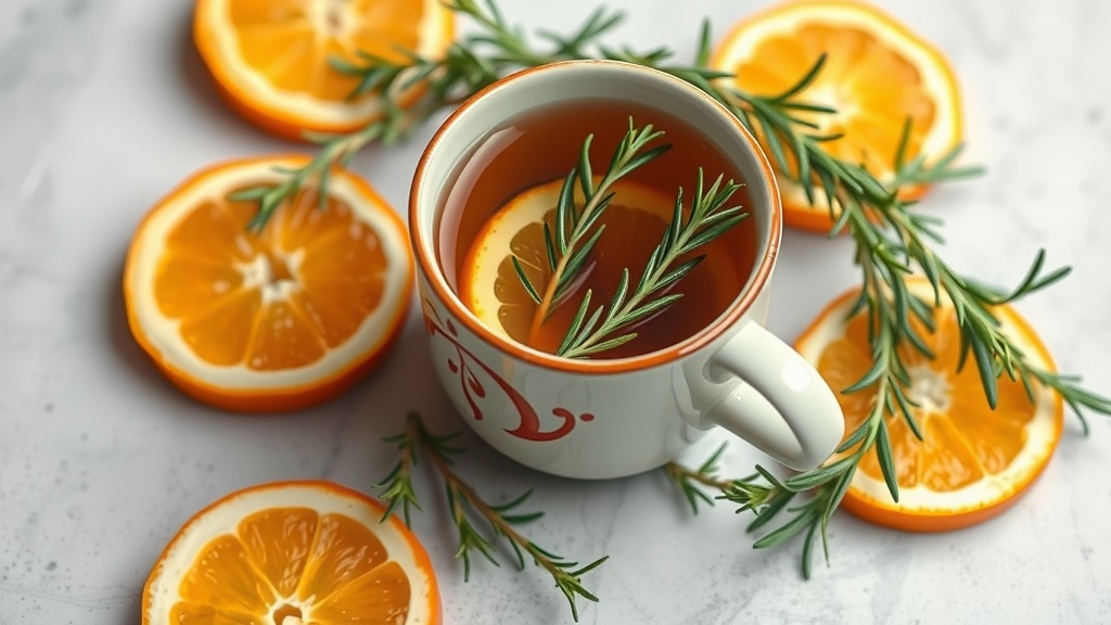 A cup of rosemary citrus tea with orange slices and fresh rosemary sprigs