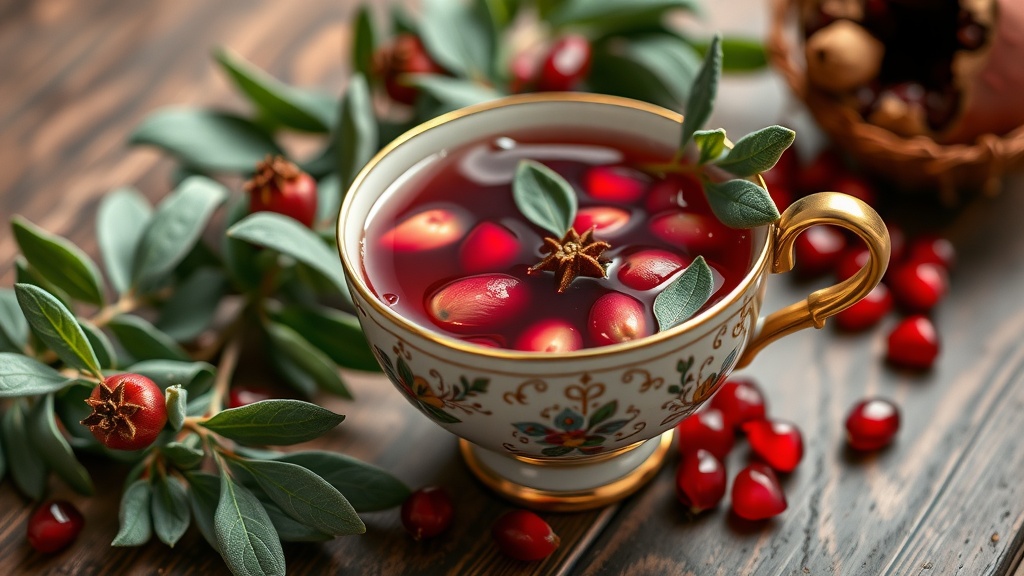 A cup of sage and pomegranate herbal tea with pomegranate seeds and sage leaves around it.