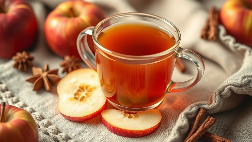 A cup of spiced apple rooibos tea with apple slices and cinnamon sticks.
