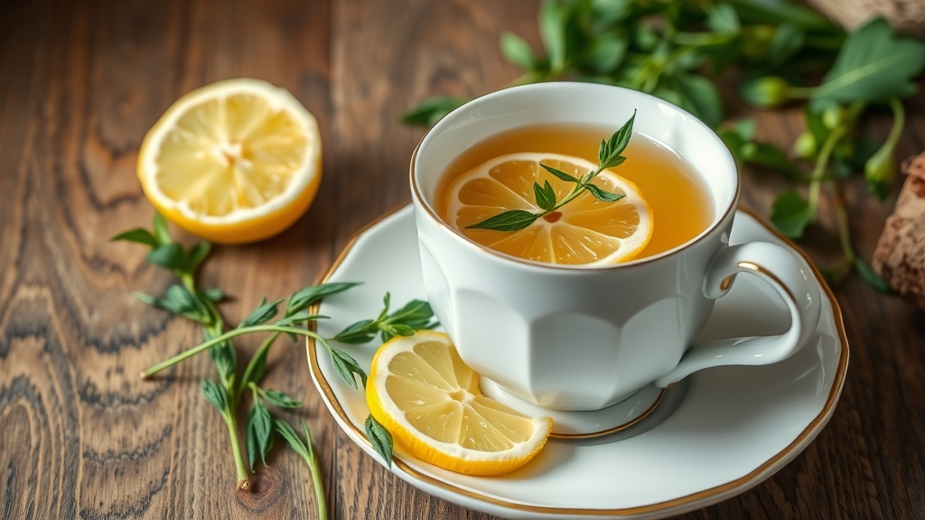 A cup of tarragon and lemon herbal tea with lemon slices on a wooden table.