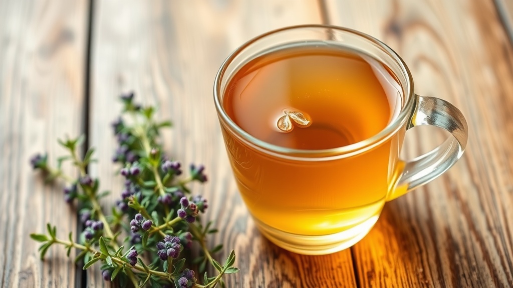 A clear glass of thyme and honey elixir with a sprig of thyme on top, set against a rustic wooden background.