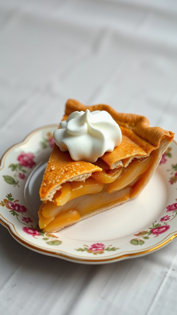 Slice of Dutch apple pie with whipped cream on a floral plate
