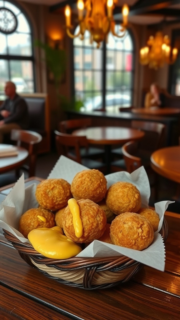 A basket of golden-brown bitterballen with a side of mustard sauce, set in a cozy pub atmosphere.