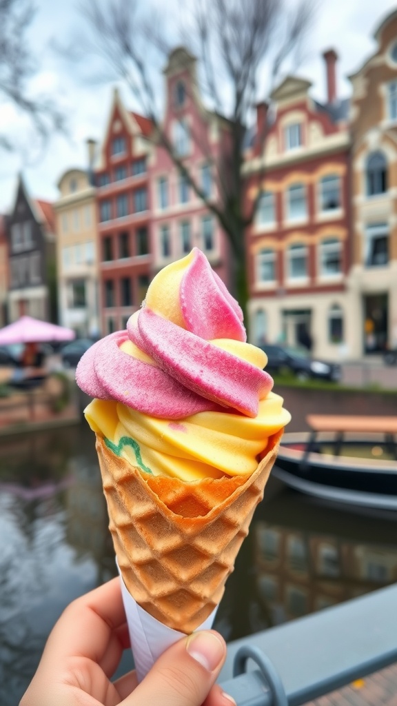 A colorful swirl of gelato in a waffle cone, with Amsterdam buildings in the background.