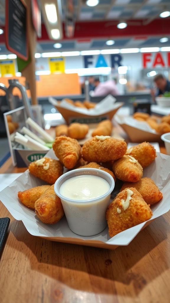 A plate of kibbeling, featuring crispy fried fish bites with a side of creamy dipping sauce.