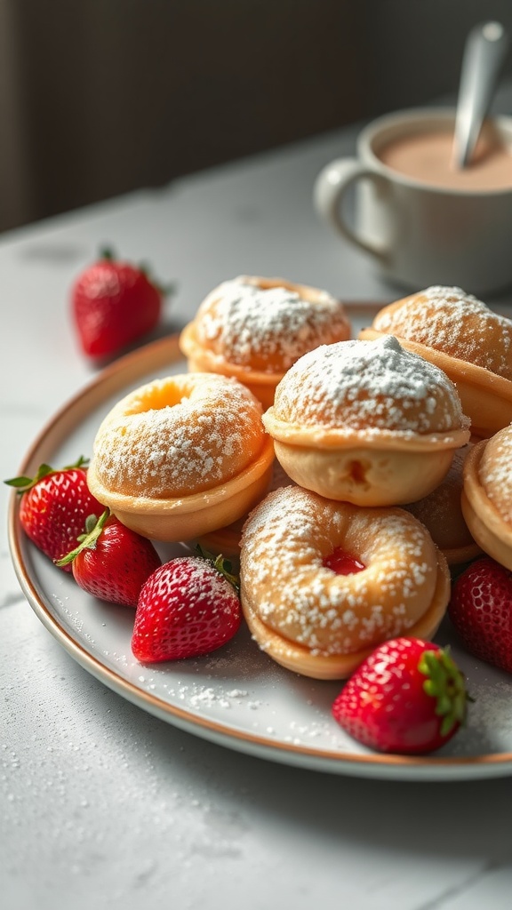 A plate of poffertjes, fluffy mini pancakes, dusted with powdered sugar, served with fresh strawberries.
