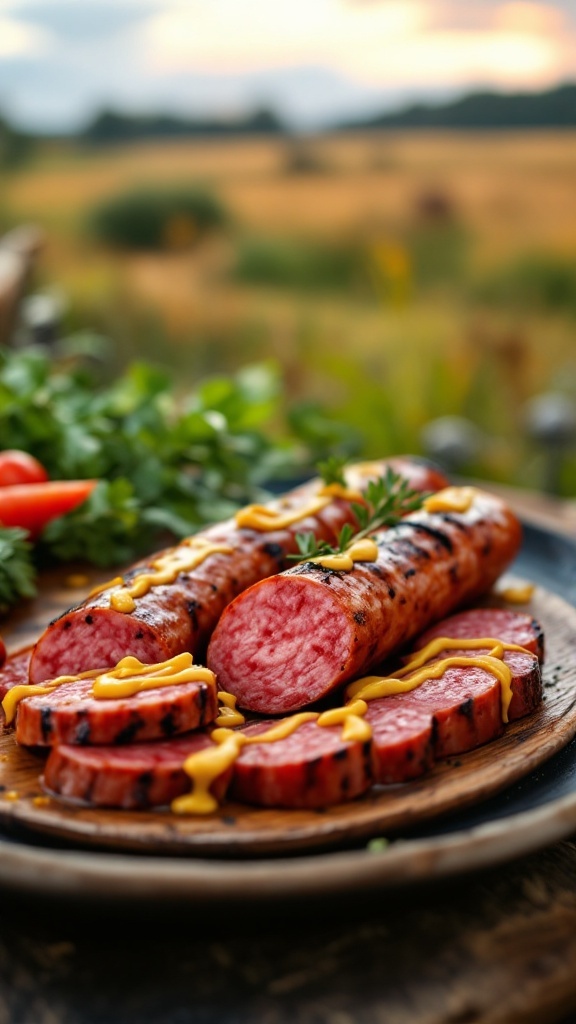 A smoked sausage in a bun with mustard, set against a scenic Dutch landscape featuring a windmill.