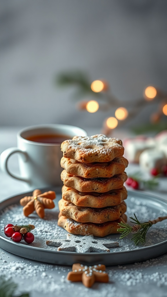 A stack of speculaas cookies with a cup of tea and festive decorations.
