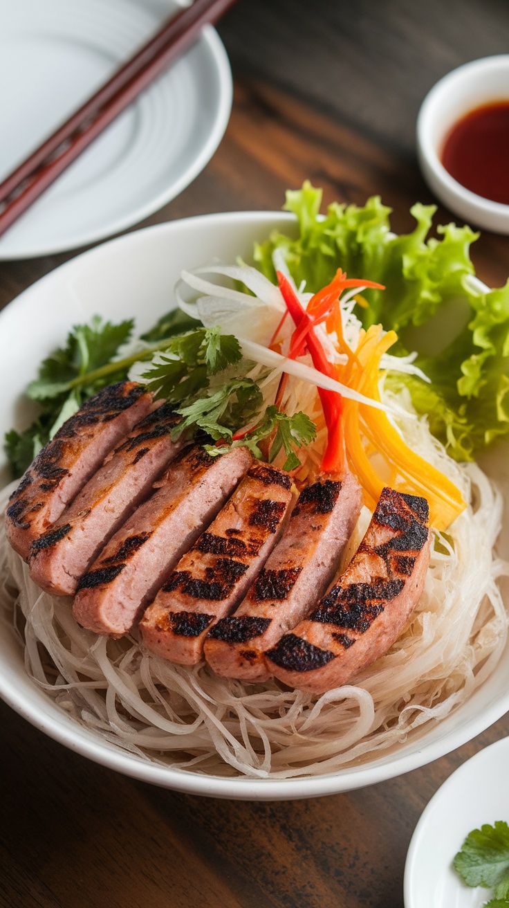 Bún Nem Nướng with grilled pork sausage and vermicelli topped with fresh herbs and vegetables.