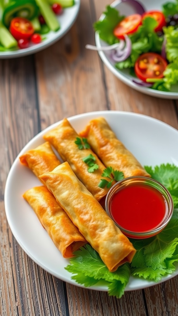 Crispy Vietnamese egg rolls on a plate with dipping sauce and fresh herbs.