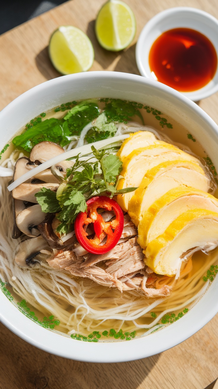 Bún Thang: Vietnamese Chicken Noodle Soup with rice noodles, chicken, carrots, and herbs in a clear broth.