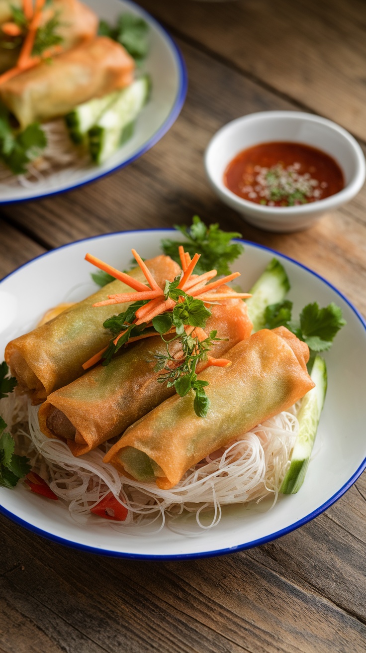 Bún Chả Giò with crispy spring rolls, vermicelli noodles, fresh herbs, and dipping sauce on a rustic table.