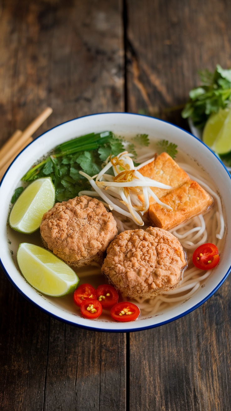 Bún Riêu Cua soup with crab, herbs, and tomatoes, garnished with lime and bean sprouts.